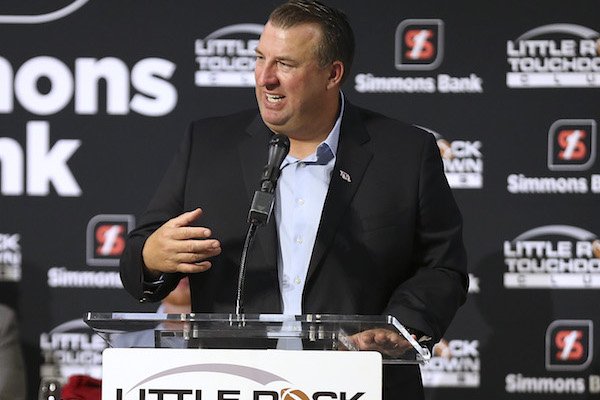 Arkansas Razorbacks head coach Bret Bielema speaks to the Little Rock Touchdown Club on Monday, Aug. 21, 2017, at the Embassy Suites hotel in Little Rock.