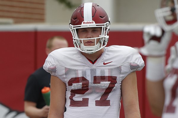 Arkansas linebacker Hayden Henry watches drills during practice Tuesday, Aug. 1, 2017, in Fayetteville. 