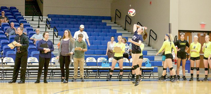 Photo courtesy of JBU Sports Information John Brown University senior Beth Brankle, of Siloam Springs, serves the ball during a volleyball match last season. The Golden Eagles start their 2017 season on Friday in the Oklahoma Wesleyan Invitational in Bartlesville, Okla.