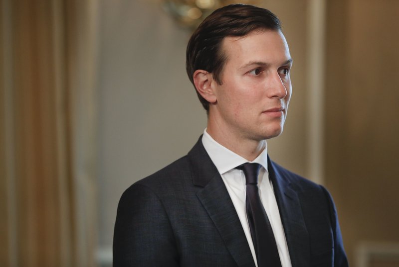 FILE - In this Friday, Aug. 11, 2017 file photo, White House senior adviser Jared Kushner listens as President Donald Trump answer questions regarding the ongoing situation in North Korea, at Trump National Golf Club in Bedminster, N.J. The Palestinians are hoping for some clear answers from the U.S. when White House envoy Jared Kushner returns to the region this week.  (AP Photo/Pablo Martinez Monsivais, File)