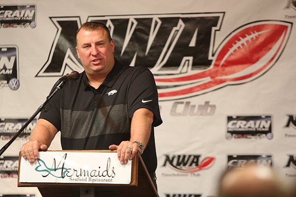 Arkansas coach Bret Bielema speaks during the Northwest Arkansas Touchdown Club on Wednesday, Aug. 23, 2017, in Fayetteville. 