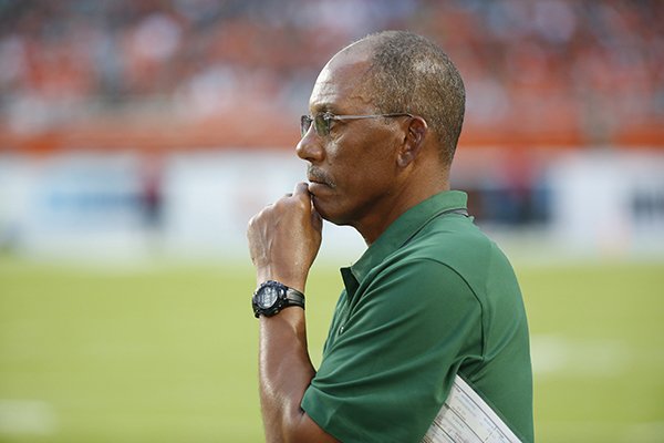 Florida A&M head coach Alex Wood watches play during the first half of an NCAA college football game against Miami, Saturday, Sept. 3, 2016 in Miami Gardens, Fla. (AP Photo/Wilfredo Lee)

