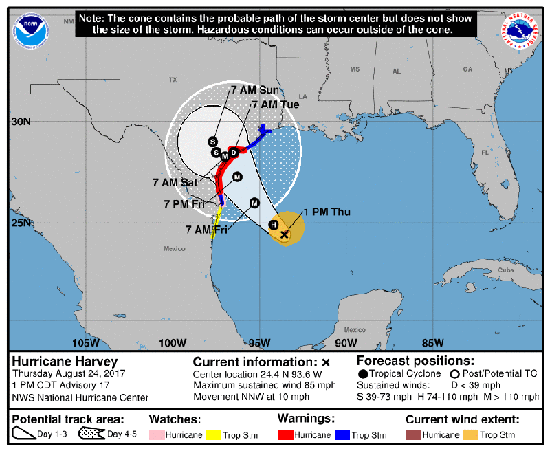 The National Hurricane Center says Hurricane Harvey is expected to make landfall this weekend along the middle Texas coastline as a major hurricane.