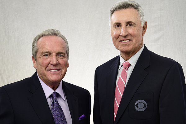 Brad Nessler, left, lead play-by-play announcer, and Gary Danielson, lead analyst, pose for a photo in New York on Tuesday, Aug. 1, 2017. Nessler is the new voice of the SEC on CBS, taking over for Verne Lundquist, who had become an adored institution on Saturday afternoons in the fall. Nessler will be working with longtime analyst Danielson. (John Paul Filo/CBS via AP)

