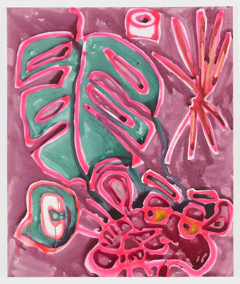 New Subjectivity — Katherine Bernhard’s Pink Pink Panther, an acrylic and sprayed paint on canvas, is one of the images on display at the University of Arkansass Fine Arts Center Gallery through Sept. 22.