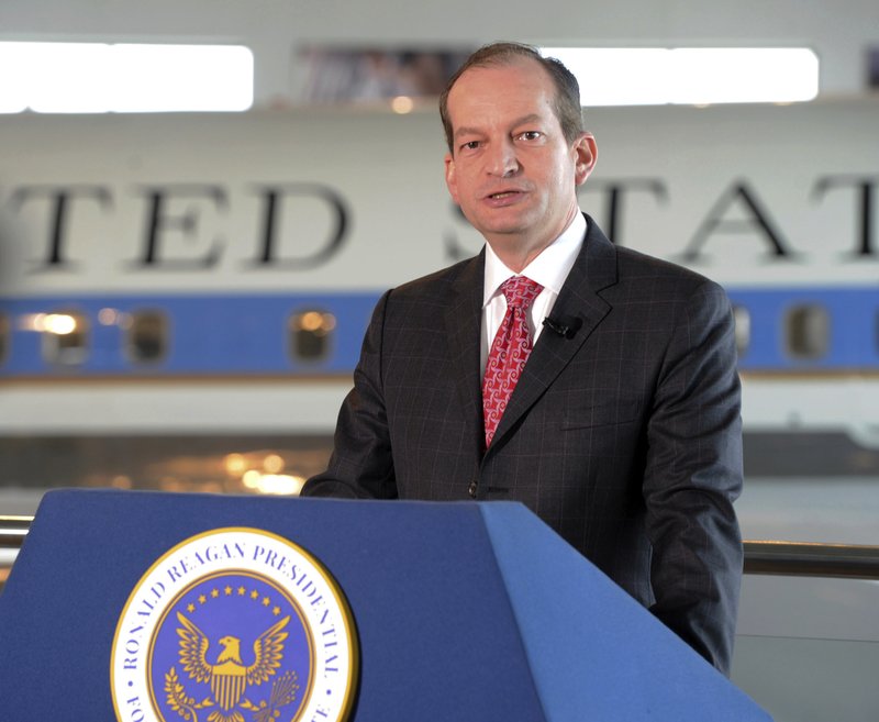 U.S. Labor Secretary Alexander Acosta announces that former President Ronald Reagan is going to be inducted into the U.S. Department of Labor Hall of Honor, Thursday, Aug. 24, 2017, at the Ronald Reagan Presidential Library & Museum in Simi Valley, Calif. Reagan, the nation's 40th president, served terms as president of the Screen Actors Guild in the 1940s and '50s. 