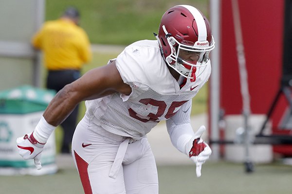 Arkansas linebacker Dwayne Eugene goes through drills during practice Tuesday, Aug. 1, 2017, in Fayetteville. 