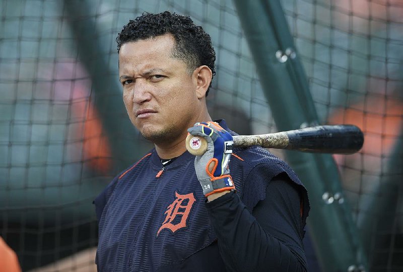 Detroit Tigers' Miguel Cabrera looks during batting practice before a baseball game against the Baltimore Orioles, Saturday, Aug. 5, 2017, in Baltimore. 