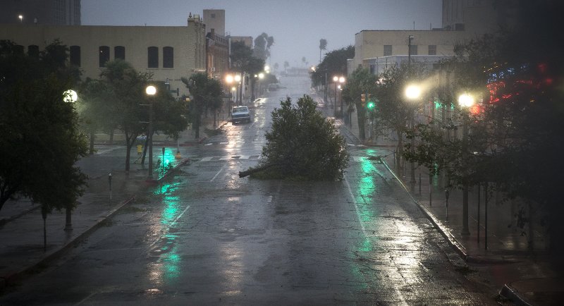 A tree blocks a street as Hurricane Harvey makes landfall in Corpus Christi, Texas, on Friday, Aug. 25, 2017. Hurricane Harvey smashed into Texas late Friday, lashing a wide swath of the Gulf Coast with strong winds and torrential rain from the fiercest hurricane to hit the U.S. in more than a decade. (Nick Wagner /Austin American-Statesman via AP)
