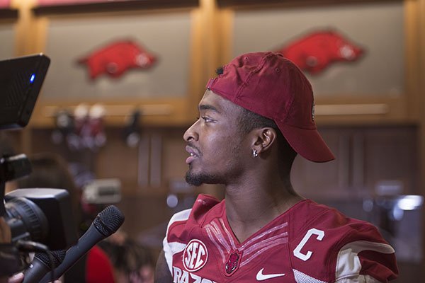 Arkansas defensive back Kevin Richardson answers questions during the Razorbacks' media day on Saturday, Aug. 5, 2017, in Fayetteville. 