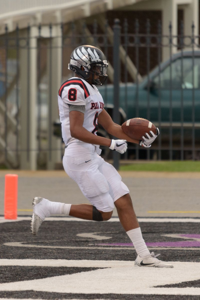 Pea Ridge running back Jordan Witcher reaches the end zone Monday in the second quarter against Hamburg in the Hooten’s Kickoff Classic at the University of Central Arkansas in Conway.