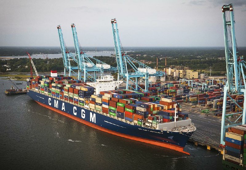 The CMA CGM Theodore Roosevelt is unloaded Monday at the Virginia International Gateway port in Norfolk, Va., in a photo provided by the Port of Virginia. 