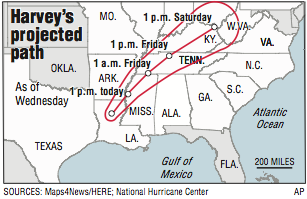 A map showing Harvery's projected path.