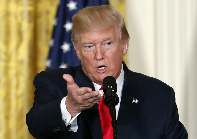 In this photo taken Aug. 28, 2017, President Donald Trump speaks in the East Room of the White House in Washington. President Donald Trump said Tuesday, Aug. 29, 2017 that &quot;all options are on the table&quot; in terms of a U.S. response to North Korea's launch of a missile over Japan. (AP Photo/Alex Brandon)