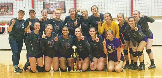 Submitted photo Mena business: Fountain Lake went unbeaten in the Mena Invitational volleyball tournament Saturday, defeating Lakeside, Lake Hamilton, Mansfield, Booneville and Jessieville. Team members and coaches pictured are, l-r, front row, Elizabeth Bairett, Molly Breshears, Nikea Nero, Olivia Cox, Lyndsey Blees and Alexis Staggs; top row, coach Tina Moore, left, coach Michaela Biehlisch, Emily Hughes, Gracie Westerman, Emoree Martin, Emiley Burke, Kaitlyn Bledsoe, Erin Graves, Lenaya Hefner, Sierra Weeks and Amy James.