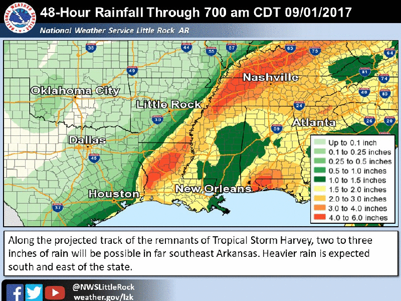 Rainfall totals in Arkansas associated with Tropical Storm Harvey as of Wednesday morning, according to the National Weather Service in North Little Rock.