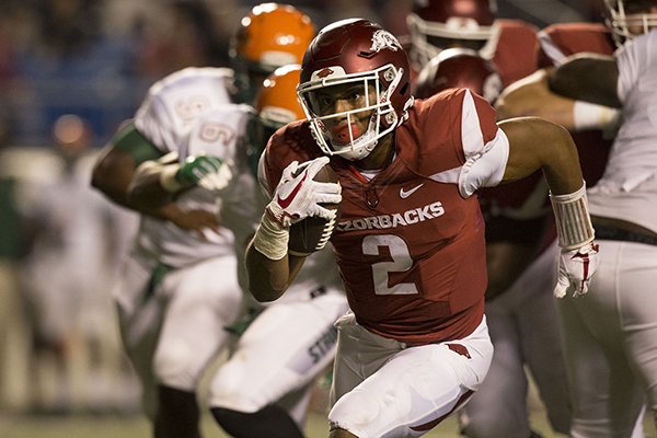 Arkansas running back Chase Hayden carries the ball during a game against Florida A&M on Thursday, Aug. 31, 2017, in Little Rock. 