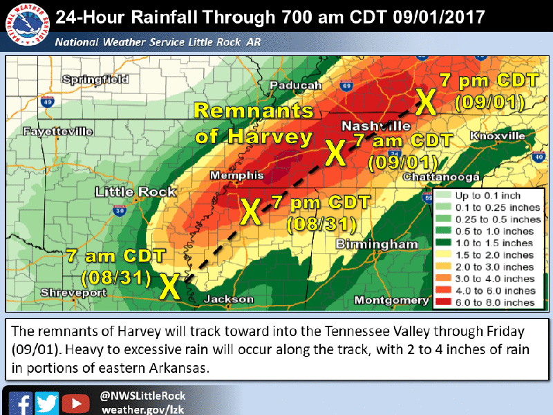 Forecast rain totals associated with the remnants of Hurricane Harvey, according to the latest advisory.