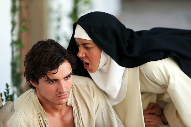 Sister Fernanda (Aubrey Plaza) berates the help, the new gardener Massetto (Dave Franco), who pretends to not hear a word she’s screaming in Jeff Baena’s The Little Hours, a comedy set in a 14-century Italian monastery.
