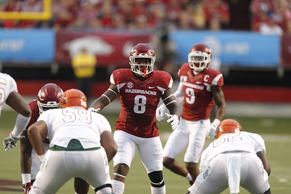 Arkansas linebacker De'Jon Harris (8) lines up before a play against Florida A&M on Thursday, Aug. 31, 2017, in Little Rock. 