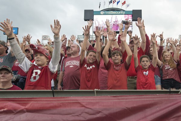 Arkansas fans call the Hogs before the football season opener against Florida A&M Thursday, Aug. 31, 2017, during the game at War Memorial Stadium in Little Rock. 