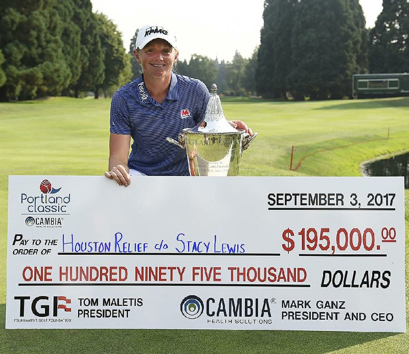 Former Arkansas golfer Stacy Lewis ended a three-year winless streak at the Cambia Portland Classic on Sunday. Lewis, from The Woodlands, Texas, is donating her $195,000 prize to Hurricane Harvey relief efforts. Two of Lewis’ sponsors, KPMG ($195,000) and Marathon Oil ($1 million), also pledged to pitch in.