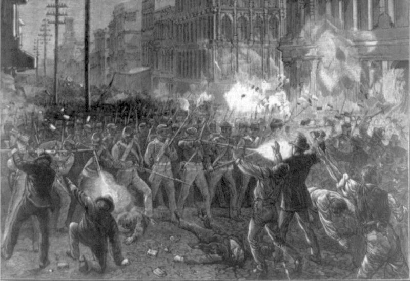 The cover of Harper's Weekly for Aug. 11, 1877, from a photograph by D. Bendann, depicts the 6th Maryland Regiment fighting its way through Baltimore en route to suppress the rail workers' strike. 