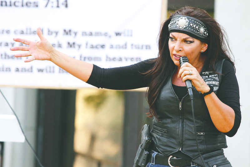 Gun rights advocate Jan Morgan speaks during a TEA Party of Union County Make America Great Again rally on the county square.