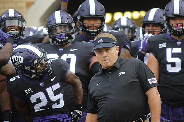 TCU coach Gary Patterson and his team get ready to take the field for an NCAA college football game against Jackson State in Fort Worth, Texas, Saturday, Sept. 2, 2017. (Rodger Mallison/Star-Telegram via AP)

