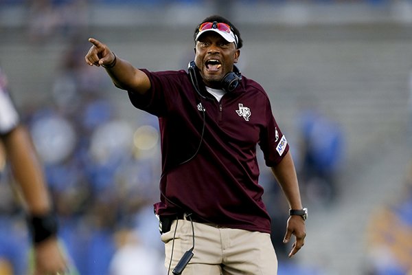 Texas A&M head coach Kevin Sumlin is seen against UCLA during an NCAA college football game, Sunday, Sept. 3, 2017, in Pasadena, Calif. UCLA won 45-44. (AP Photo/Danny Moloshok)
