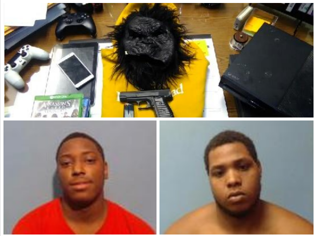 Pictured above is a gun, phone, gaming system, video games and a gorilla mask obtained through a search warrant by the Forrest City Police Department. Below are Raheem Garry and Scott Logan, both 19 and of Forrest City.