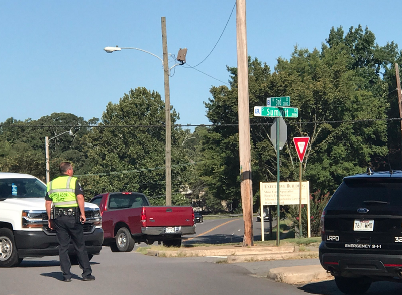 This photo from the Little Rock Police Department shows the scene of a wreck where a pedestrian was injured Wednesday morning.