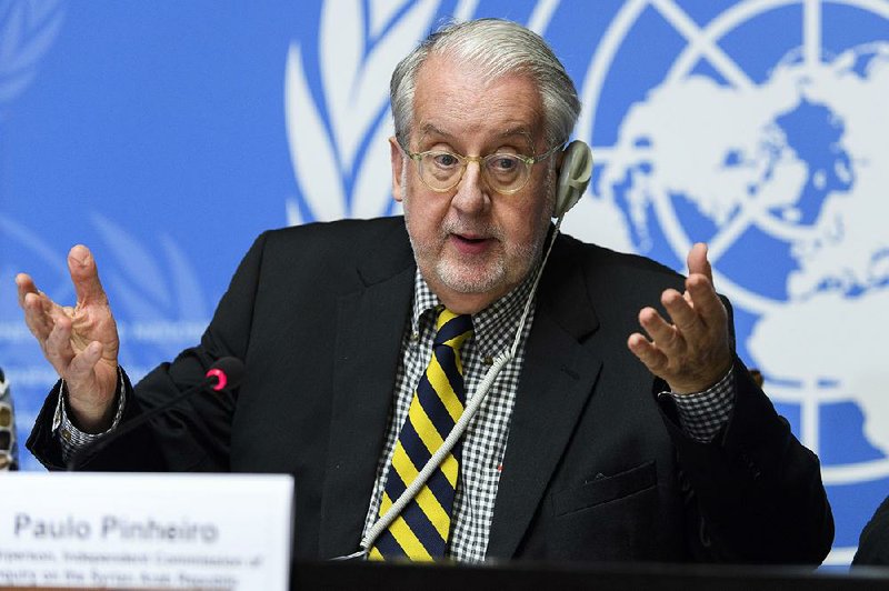 Brazilian Paulo Pinheiro, chairman of the Commission of Inquiry on Syria, speaks Wednesday about investigations of alleged human-rights violations committed by all warring parties in Syria at the European headquarters of the United Nations in Geneva.  