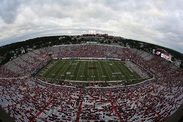 War Memorial Stadium is shown during pregame ceremonies on Thursday, Aug. 31, 2017, prior to a game between Arkansas and Florida A&M. An announced attendance of 36,055 was at the game. 