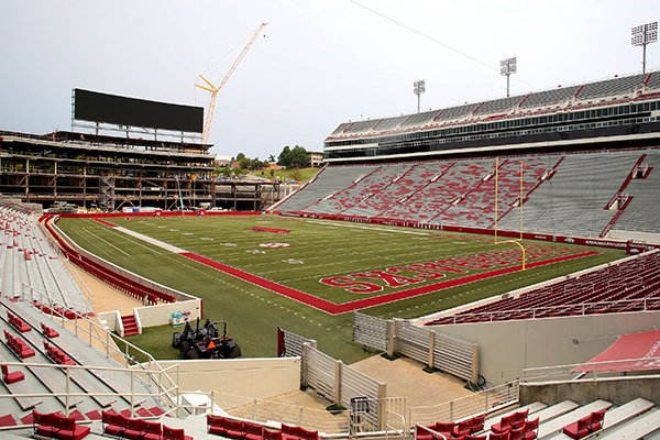 Construction work continues at Donald W. Reynolds Razorback Stadium on Tuesday, Sept. 5, 2017, in Fayetteville. The Razorbacks will play TCU at the stadium Saturday in the first game since construction began last November. 