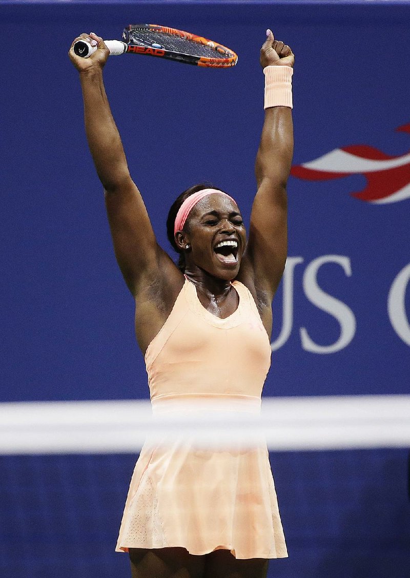 Sloane Stephens reacts after defeating Venus Williams in the women’s semifinals at the U.S. Open on Thursday night.