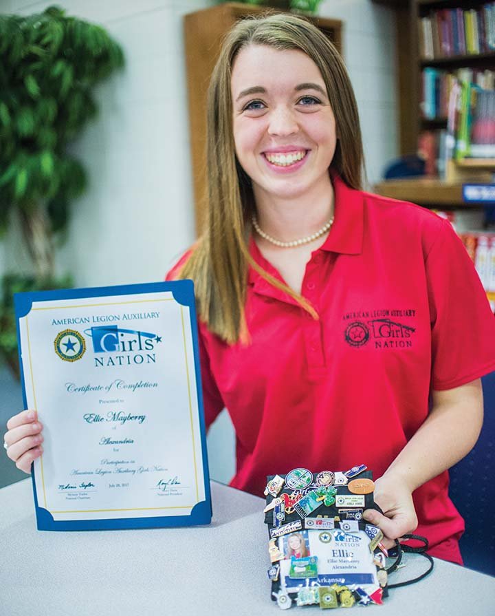 Sheridan High School senior Ellie Mayberry attended Girls State of Arkansas in June and was selected as one of two delegates to attend Girls Nation in July. She collected various state pins from girls across the United States to keep as mementos from Girls Nation.