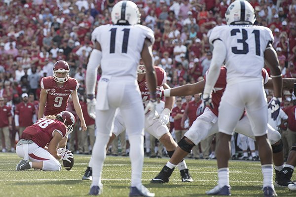 Arkansas kicker Cole Hedlund (9) attempts a field goal during the fourth quarter of a game against TCU on Saturday, Sept. 9, 2017, in Fayetteville. Hedlund missed the 20-yard attempt. 