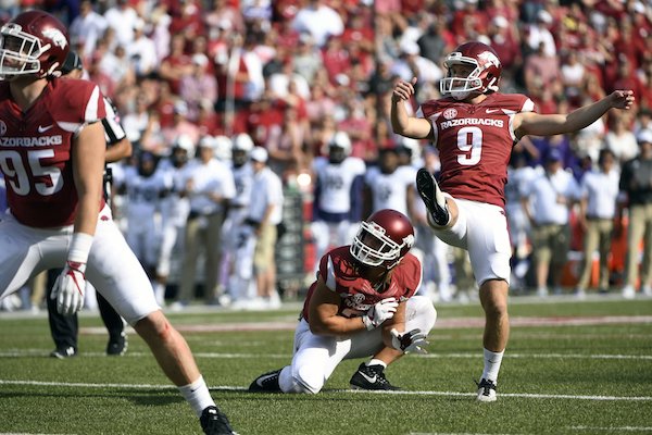 Arkansas kicker Cole Hedlund misses a field goal-attempt in the second half of an NCAA college football game against TCU in Fayetteville, Ark., Saturday, Sept. 9, 2017. (AP Photo/Michael Woods)