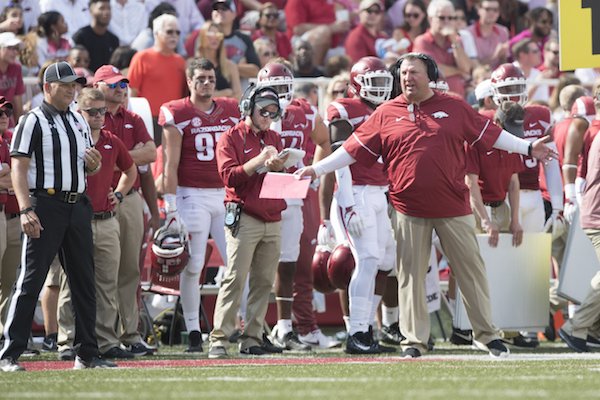 Arkansas coach Bret Bielema questions a referee during the game against TCU Saturday Sept. 9, 2017 at Donald W. Reynolds Razorback Stadium in Fayetteville. Arkansas lost 28-7. 