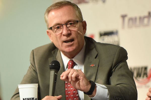 Jeff Long, University of Arkansas, Fayetteville, athletic director, answers questions Wednesday Sept. 6 2017 at the NWA Touchdown Club.
