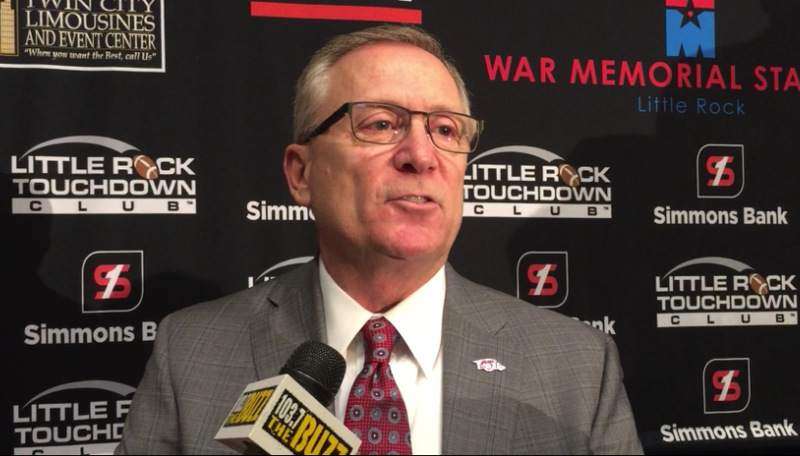 Jeff Long speaks to reporters Monday after addressing the Little Rock Touchdown Club.