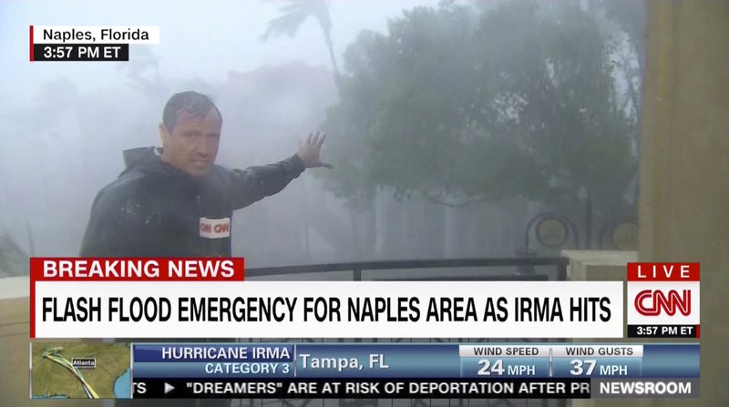 This image taken from video shows CNN's Chris Cuomo during his afternoon coverage of Hurricane Irma in Naples, Fla., on Sunday, Sept. 10, 2017.