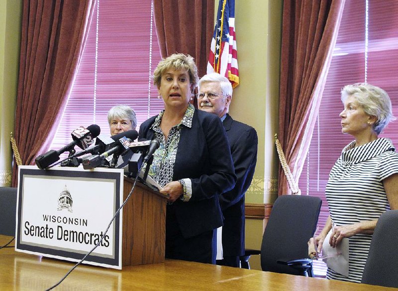 Wisconsin Senate Minority Leader Jennifer Shilling speaks at a news conference Tuesday in Madison, Wis., where she said Democrats could support a $3 billion incentive package for electronics giant Foxconn Technology Group if changes were made to protect taxpayers and the environment.
