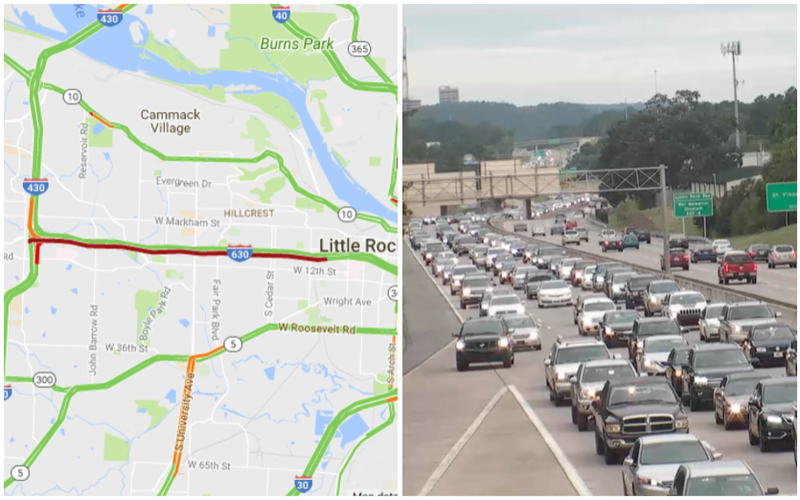 LEFT: The Arkansas Online traffic map shows stalled conditions for miles. RIGHT: A screenshot from the IDriveArkansas.com live cameras shows stopped traffic on eastbound I-630. Photo by Arkansas Department of Transportation.