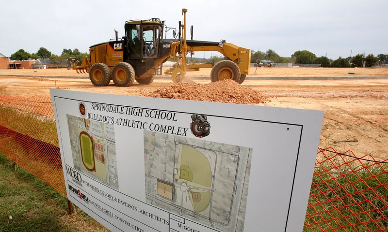Work continues Tuesday on Springdale High School’s Bulldog Athletic Complex south of the high school on Pleasant Street in Springdale. This part of the complex will have an exterior track with a full-size soccer field on the infield. The northern part of the complex will have a softball and baseball facility.