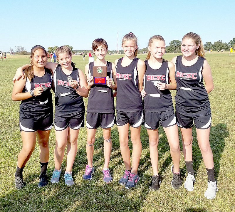 The McDonald County Junior High School girls cross country team took second place at the Seneca Junior High Cross Country Championships held on Sept. 7. From left are Ebony Munoz, Britany Akins, Kayln Stetina, Melissa McCrory, Haley Walczak and Haley Mick. Not pictured: Hailey Staib.