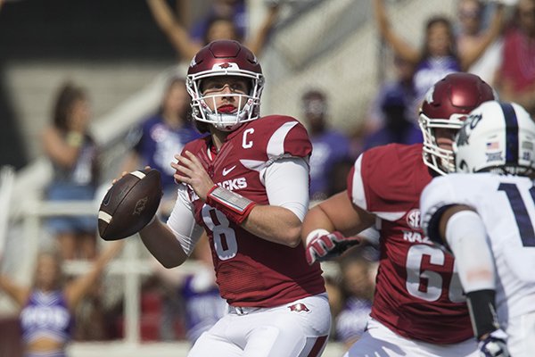 Arkansas quarterback Austin Allen throws a pass during a game against TCU on Saturday, Sept. 9, 2017, in Fayetteville. 