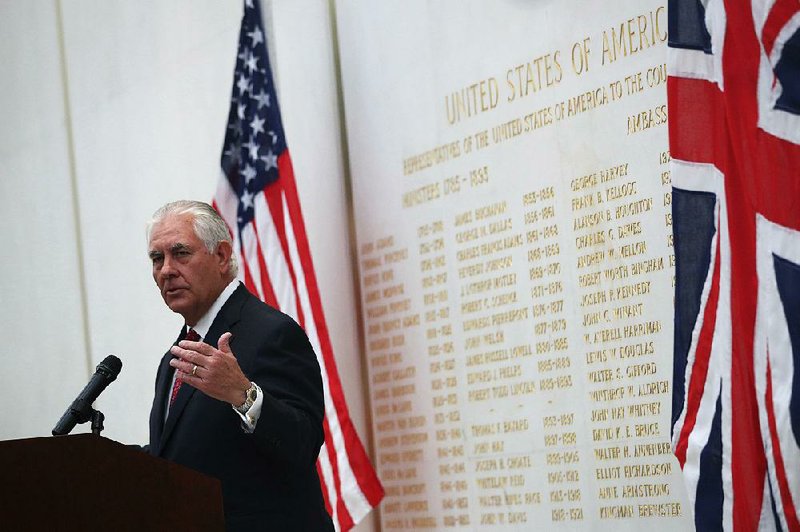 U.S. Secretary of State Rex Tillerson speaks Thursday at the U.S. Embassy in London, where he urged China to use its position as chief supplier of oil to pressure North Korea on its nuclear program. 