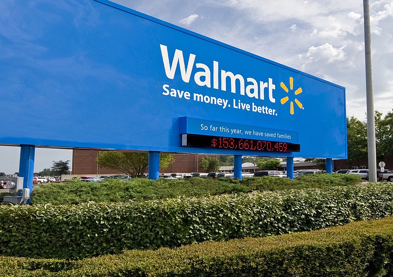 This undated file photo shows Walmart's sign in front of its Bentonville headquarters.